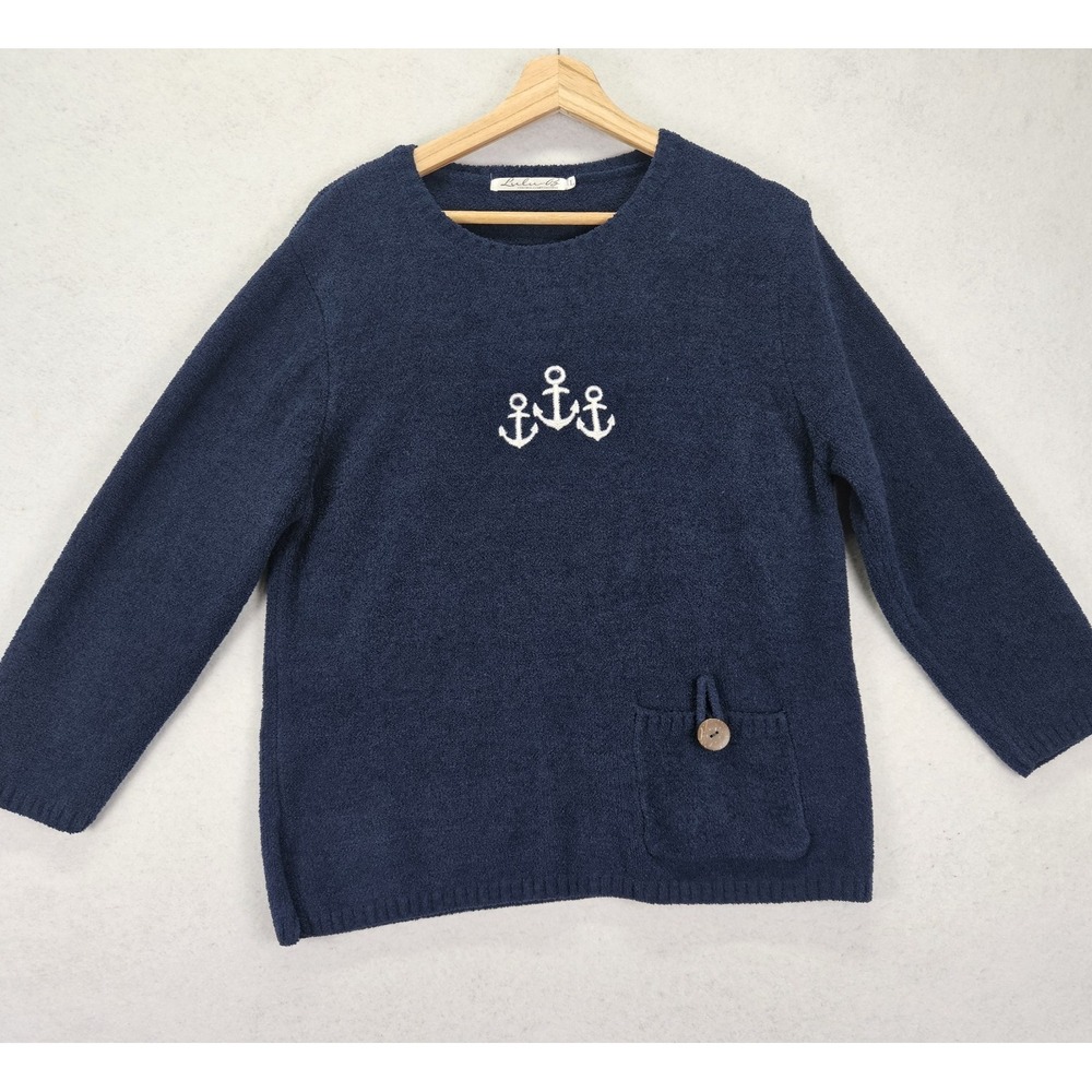 Lulu-B Women's Large Navy Blue Anchor Sweater Knit Coastal Nautical Pocket Cozy